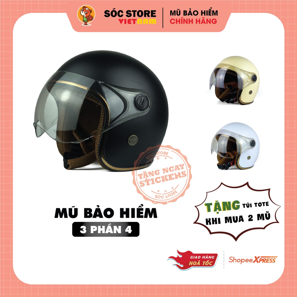 Mũ bảo hiểm 3/4 Viền Đồng Có Kính NT Max cao cấp, nón bảo hiểm 3 phần 4 có kính Sóc Store Vietnam