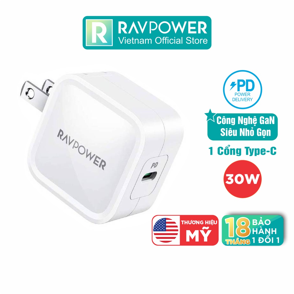 Củ Sạc 30W RAVPower RP-PC120 USB Type C PD 3.0 & QC 3.0, GaN Nhỏ Gọn, Sạc Nhanh iPhone, Smartphone, iPad