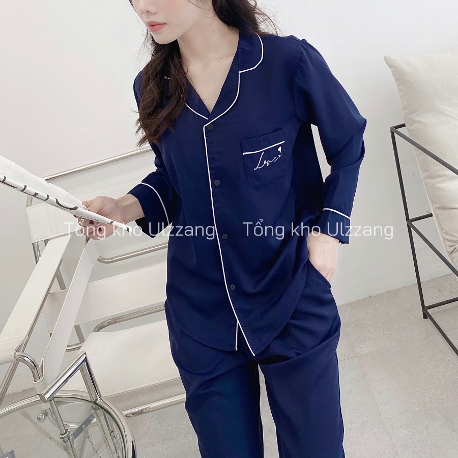 [ẢNH/VIDEO THẬT] Bộ Pijama Lụa Dài Tay Cao Cấp Thêu Chữ Love Chất Mềm Mịn Không Nhăn Hàng Thiết Kế