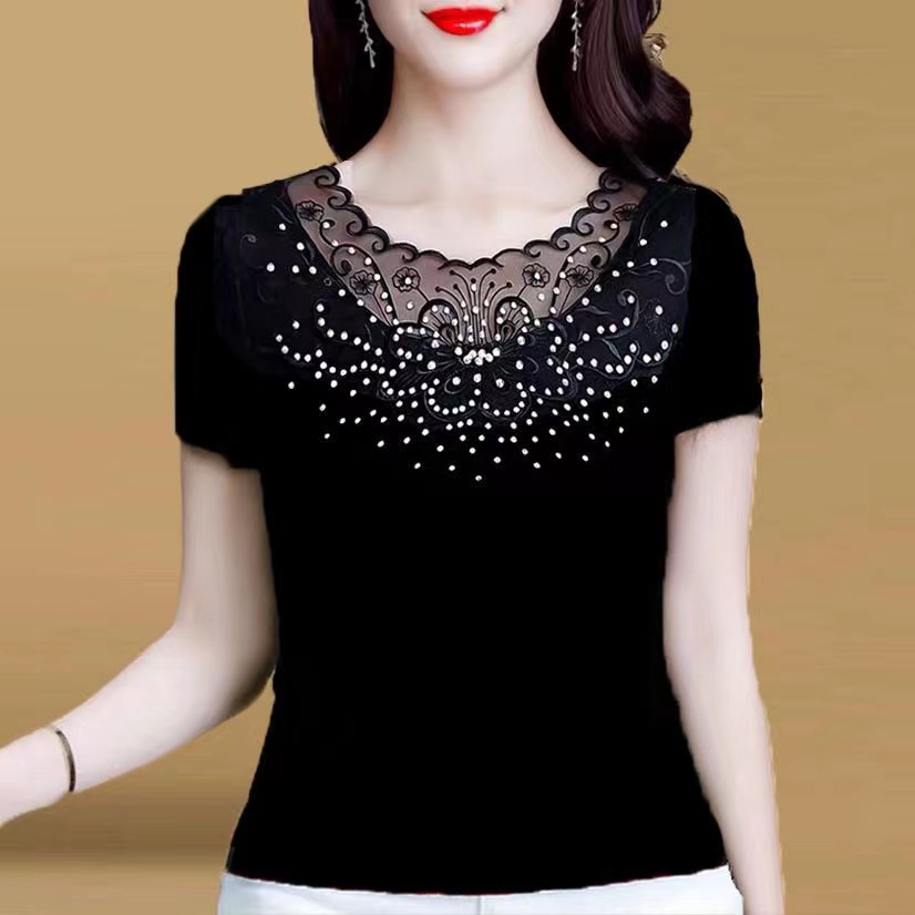 Áo kiểu tay ngắn phối ren lưới khoét lỗ thanh lịch có size lớn cho phụ nữ trung niên