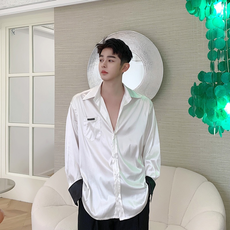 Áo Sơ Mi Lụa Satin Cao Cấp Tay Dài Màu Sắc Cà Vạt Phong Cách Hàn Quốc Cho Nam Giới