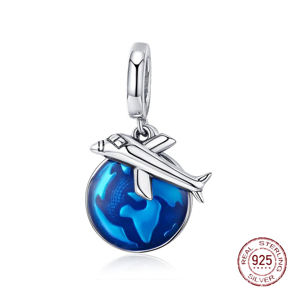 Hạt Thủy Tinh Phẳng Mạ Bạc 925 Hình Mặt Trăng Màu Xanh Dương Dùng Làm Trang Sức Pandora