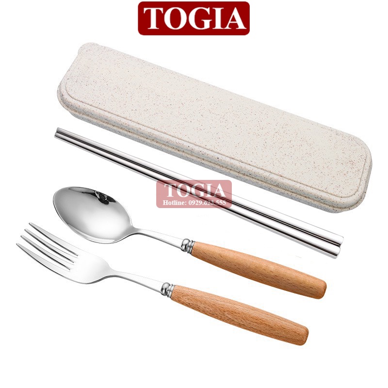 Bộ Thìa Đũa Inox Cán Gỗ Hộp Đựng Lúa Mạch Có Hộp Đựng Cao Cấp 20cm