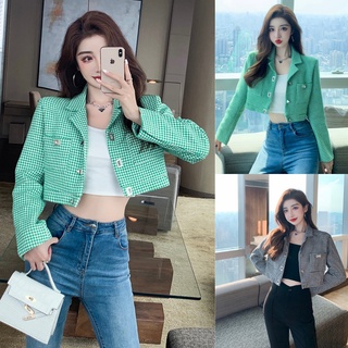 Áo khoác dạ kẻ cổ vest, áo khoác nữ dáng ngắn A1167 có video ảnh thật