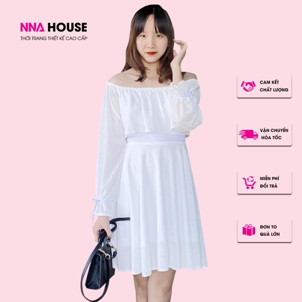 Váy đầm trễ vai dài tay dáng xòe - Đầm thiết kế dự tiệc trắng 2 lớp dài tay tiểu thư lịch lãm NNAHOUSE Mã NA219