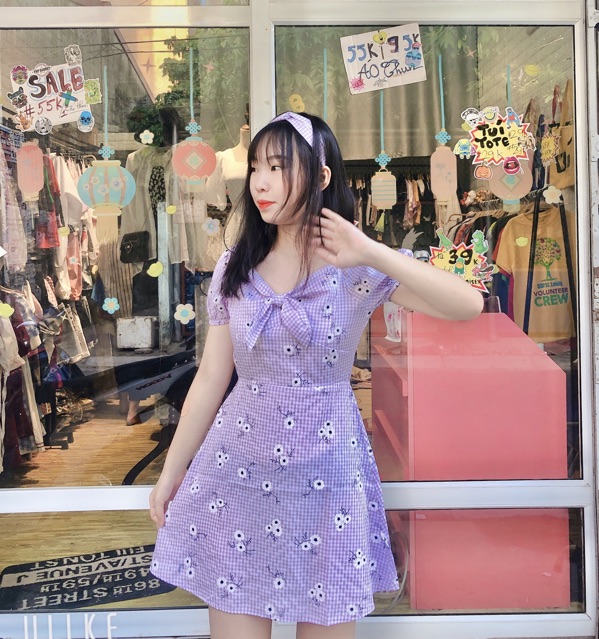 Váy caro hoa nhí tặng kèm turban style dễ thương kẹo ngọt ( ảnh thật) | BigBuy360 - bigbuy360.vn