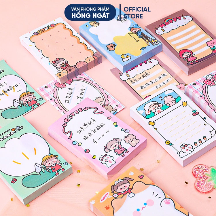 Giấy note cute hoạt hình HCN, giấy ghi chú dễ thương nhỏ gọn nhiều màu 80 tờ đồ dùng học tập văn phòng phẩm GN04