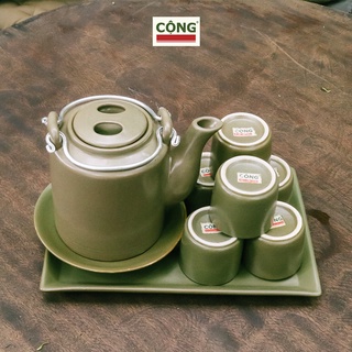 Bộ ấm trà gốm sứ Cộng Cà Phê hai màu hoa và xanh trơn 400ml