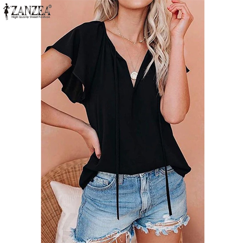 Zanzea Áo Kiểu Cổ Chữ V Tay Nhún Bèo Thời Trang Cho Nữ