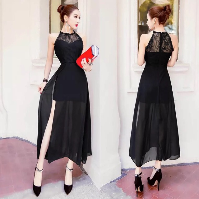 Đầm dự tiệc cổ yếm tôn dáng phối ren cao cấp sang trọng