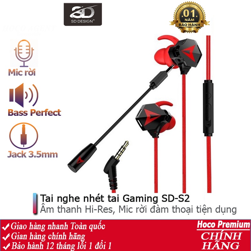 Tai nghe nhét tai SD Design S2 dành cho Game thủ, mic rời, nghe cực hay, dây dài 1.2m - Chính hãng