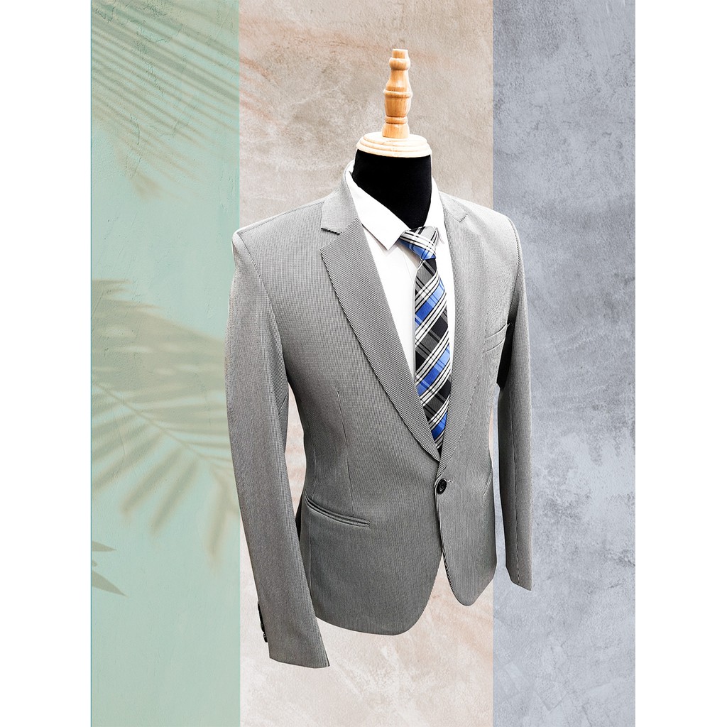 Bộ vest nam tông xám ghi chấm đen nhuyễn chất liệu vải cao cấp dày mịn co giãn tặng combo phụ kiện