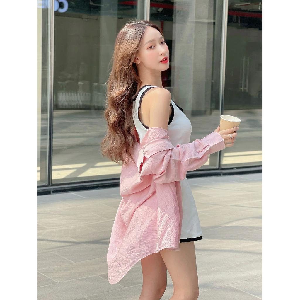 Set jum kèm áo sơ mi,body jumpsuit sang chảnh hiện đại 2 màu trắng và xám phối áo sơ mi hồng nữ tính thời trang nữ XM MP