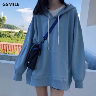 Áo hoodie tay dài màu trơn có túi phong cách Hàn Quốc cho nữ