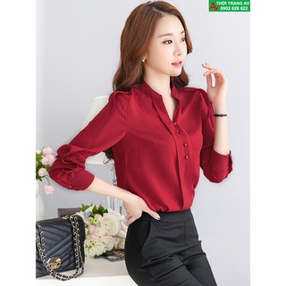 Áo sơ mi nữ cổ trụ đính nút tay dài