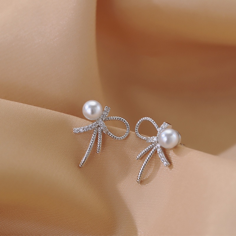 Bông tai ngọc trai thời trang nữ cao cấp hàn quốc nơ bông tai rhinestone