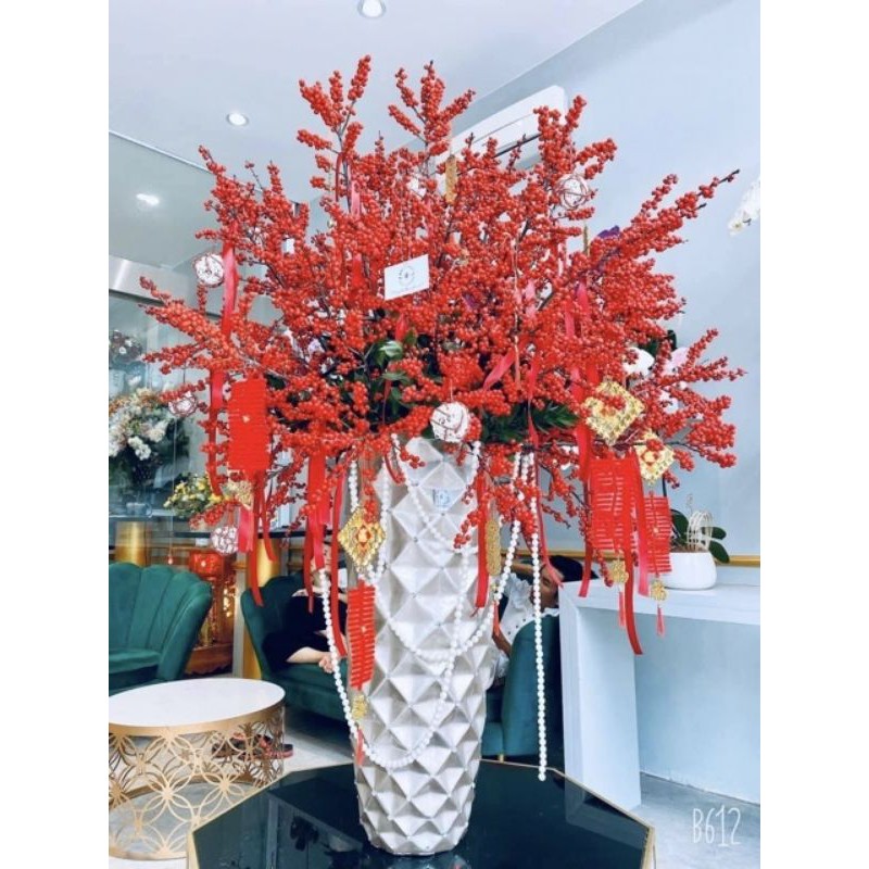 Cành cherry đỏ . Đào đông quả đỏ mọng siêu to dài 1mét 12nhánh trang trí nhà cửa, văn phòng....