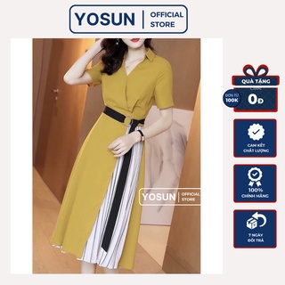 [ẢNH THẬT CUỐI]Đầm Nữ Công Sở Cổ Sơ Mi Phối Vạt Trắng Sọc Đen Kèm Belt Thanh Lịch, Váy Tay Ngắn Dáng Xòe 2 Màu Xanh Vàng
