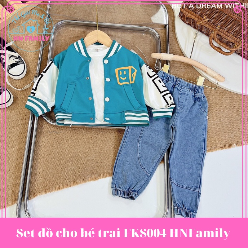 Set đồ cho bé trai (Áo khoác da cá + Áo thun + Quần bò) HNFamily Set bộ đồ 3 chi tiết đi chơi đi học cho bé FKS004