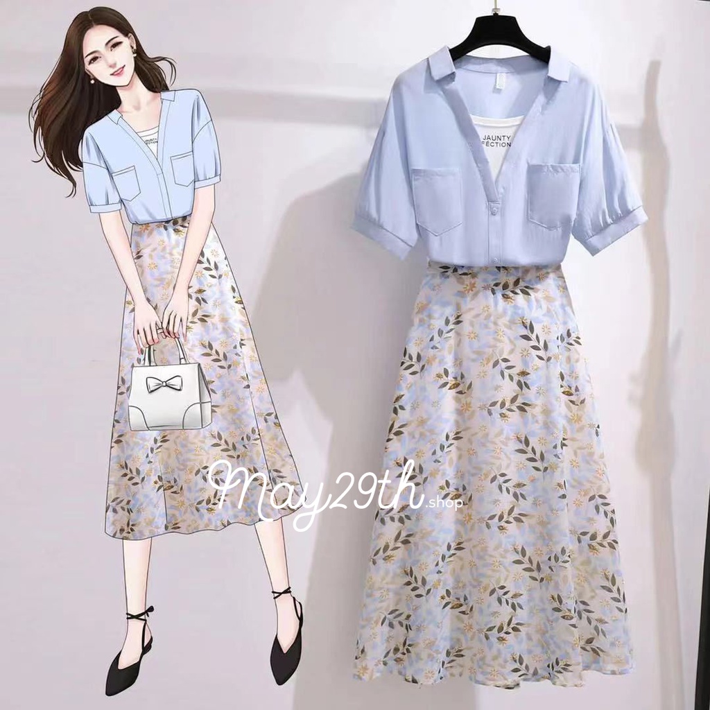 May29th.shop Set áo sơ mi chân váy midi cạp