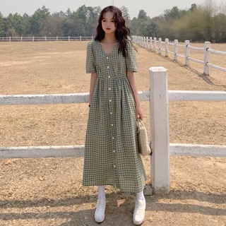 {order bigsize,M-4xl}Váy thô kẻ eo chun tiểu thư