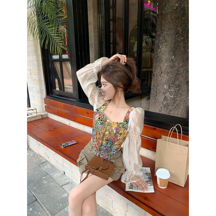 Váy babydoll Áo Sơ Mi Ngắn Cổ Vuông Tay Dài Phồng In Họa Tiết Tranh Sơn Dầu Phong Cách Pháp Cổ Điển Thời Trang Mùa Thu Mới 2022 Dành Cho