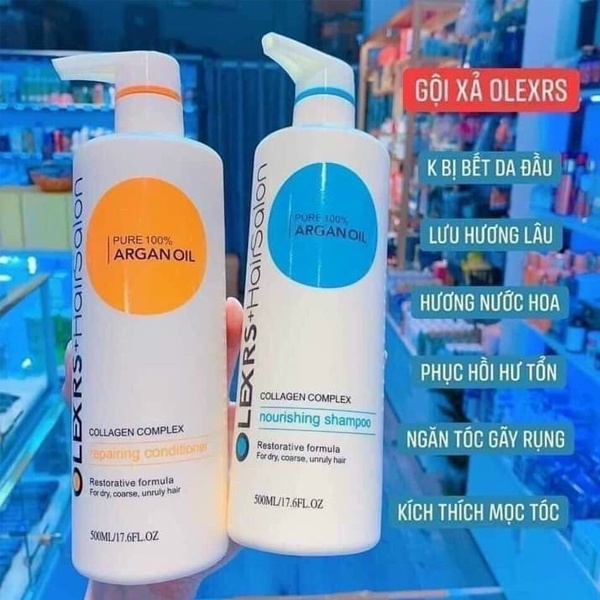 Cặp Dầu Gội Xả Olexrs Argan Oil Collagen Hair Salon 960ml 500ML chính hãng phục hồi Tóc Khô Hư Tổn