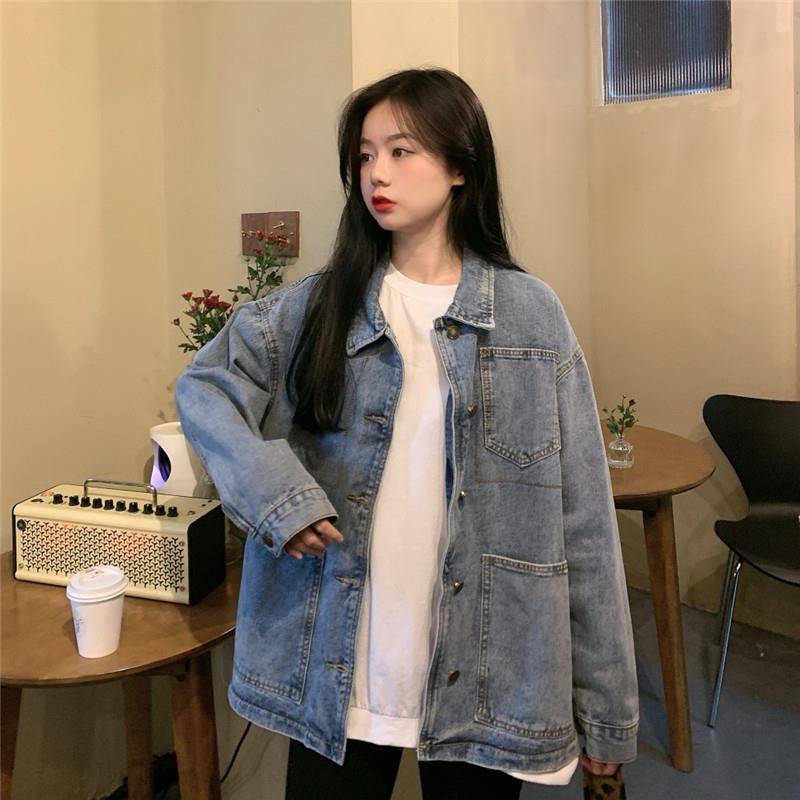 Áo Khoác Denim Tay Dài Dáng Rộng Phong Cách Hàn Quốc Thời Trang Xuân Thu Cho Nữ