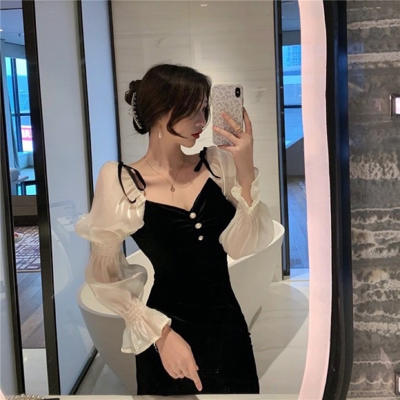 Đầm nhung phối tay voan koreastyle