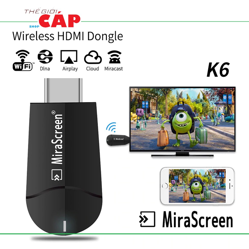 Thiết Bị HDMI Không Dây Kết Nối Điện Thoại Với TIVI FULL HD 4K 2.4 Ghz MiraScreen K6