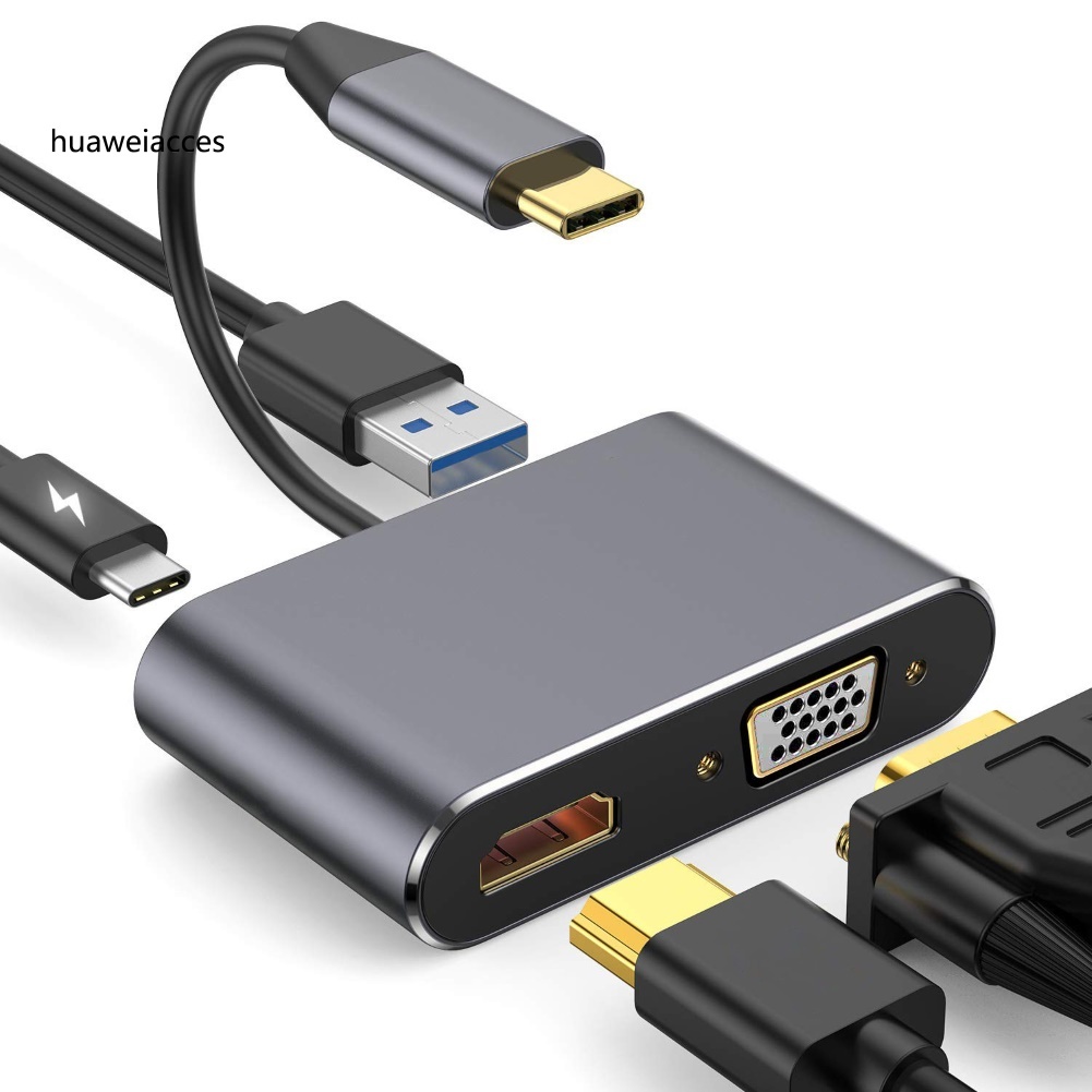 HUA 4 in 1 Type-C to HDMI-compatible 4K VGA USB3.0 Audio Video Converter PD Hub Dock Adapter