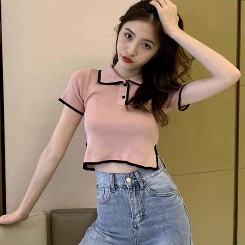 Áo thun nữ tay ngắn cổ bẻ phong cách thời trang Hàn Quốc