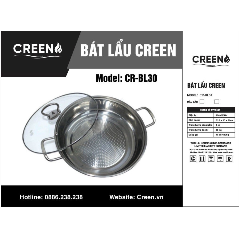 Chảo Lẩu-Bát Lẩu đáy sần inox Cao Cấp Creen 30cm dành cho mọi loại bếp