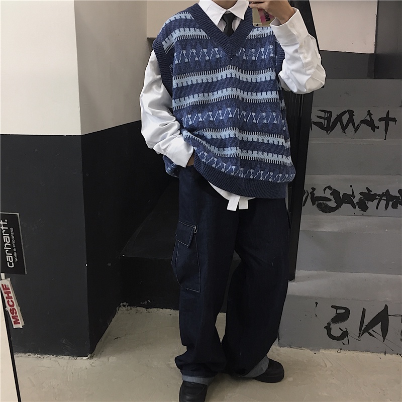 Áo Sweater Không Tay Dáng Rộng Phong Cách Retro Hàn Quốc Dành Cho Nam Và Nữ