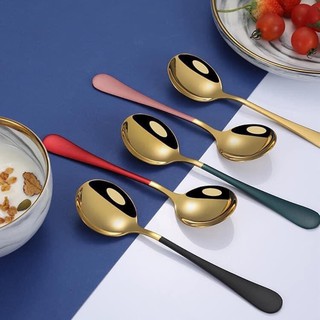 Muỗng inox mạ vàng cao cấp thìa ăn cơm nhiều màu Set 5 cái BAHOBASA