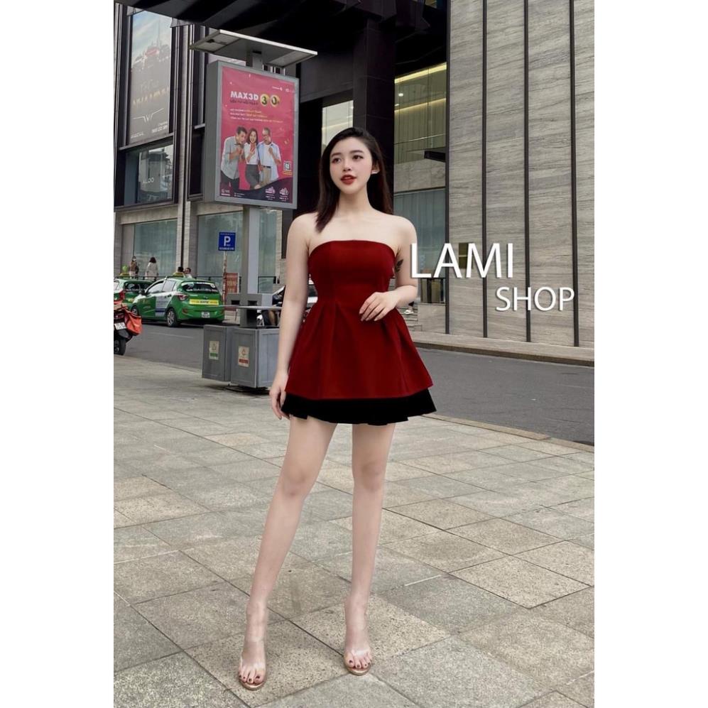 Sét đầm nữ áo cúp ngực Nhung bèo bụng phối chân váy xòe đen_ Đầm đẹp diện phố