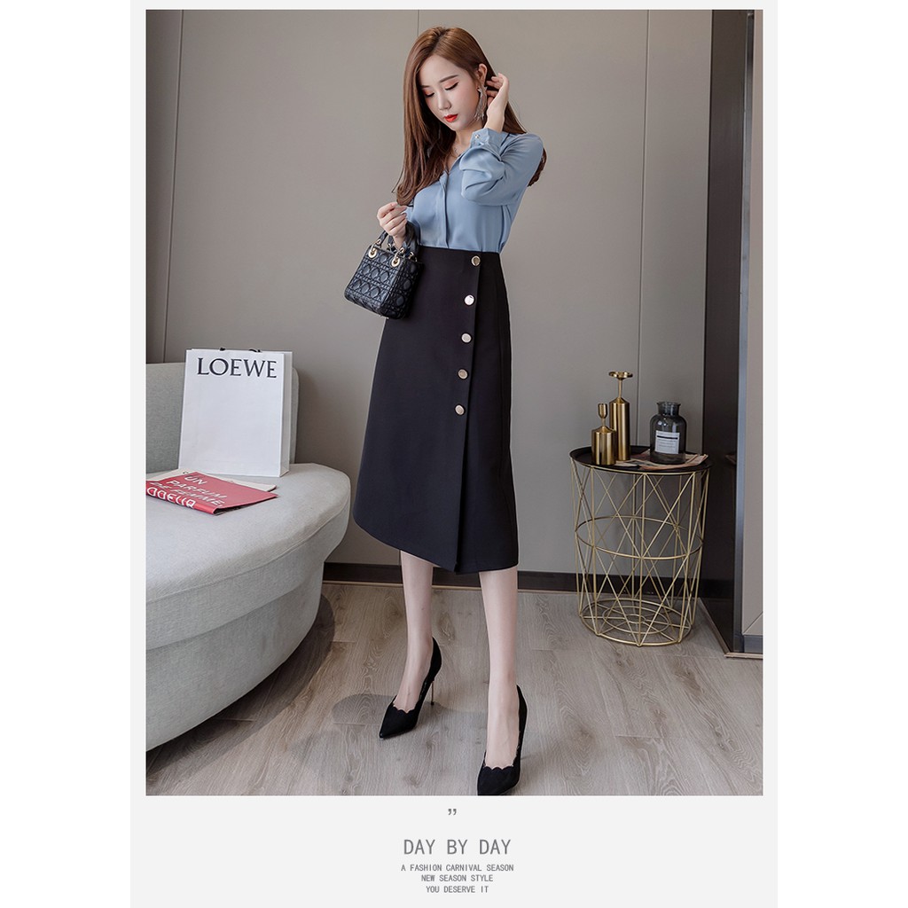 Chân váy công sở nữ dáng dài đính khuy điều chình theo thông số người mặc che khuyết điểm tôn dáng chân dài đi làm