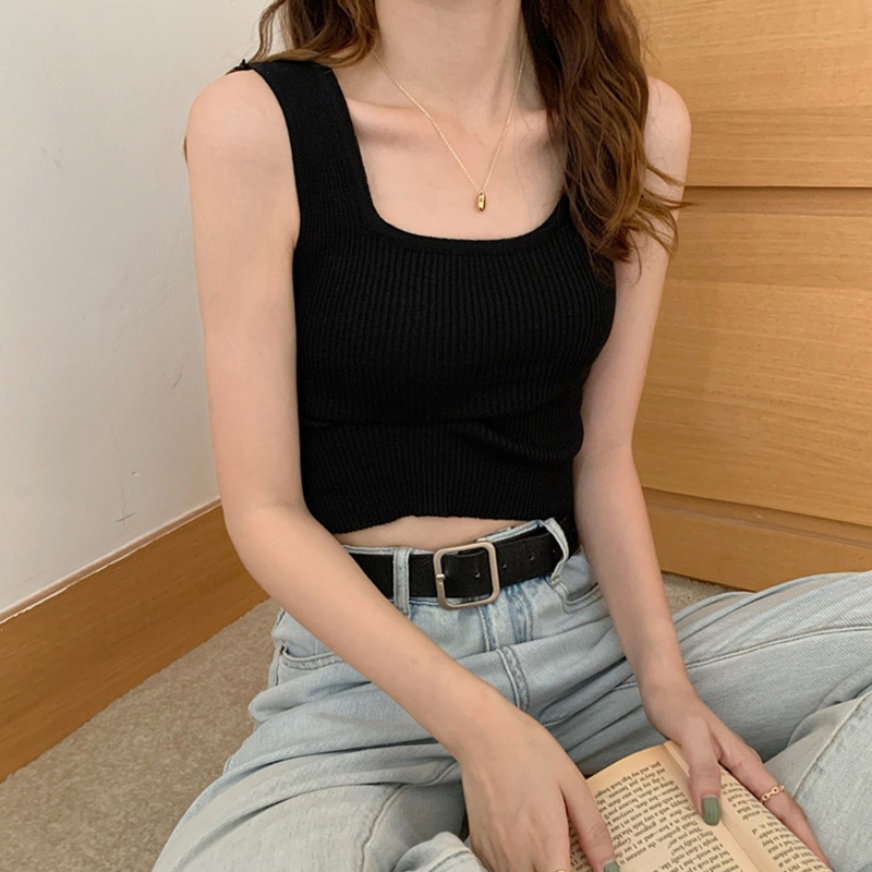 Áo Croptop Dệt Kim Hai Dây Cổ Vuông Màu Sắc Đơn Giản Thời Trang Mùa Hè Cho Nữ