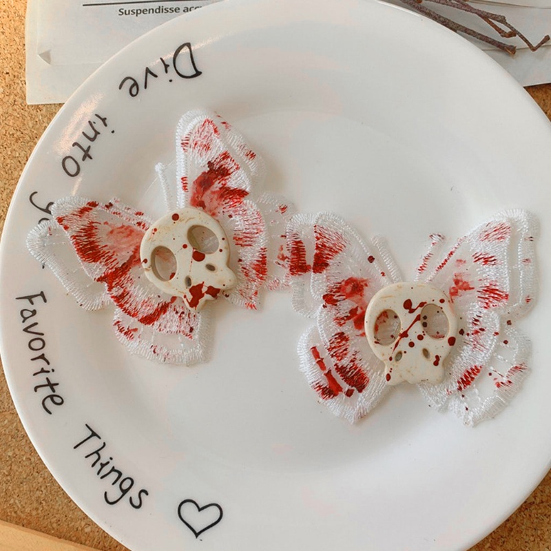 Kẹp tóc mỏ vịt gắn hình bướm đầu lâu kiểu lolita punk Halloween