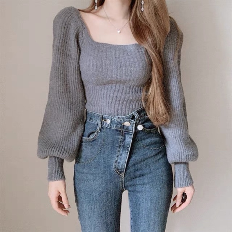 Áo len cổ vuông tay bồng siêu đẹp