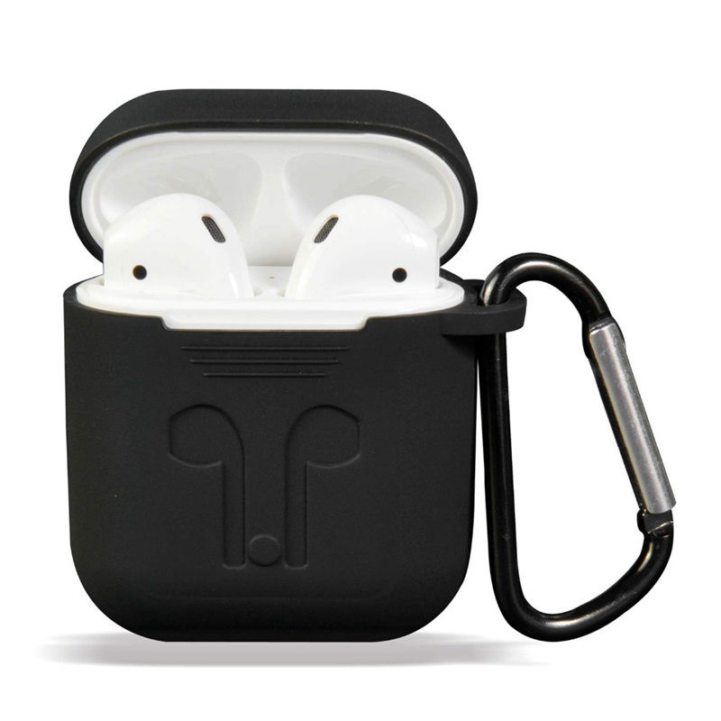 For Apple Airpods Accessories Silicone Cover Case+Anti Lost Strap Holder+Carabiner 4 In 1(Black)