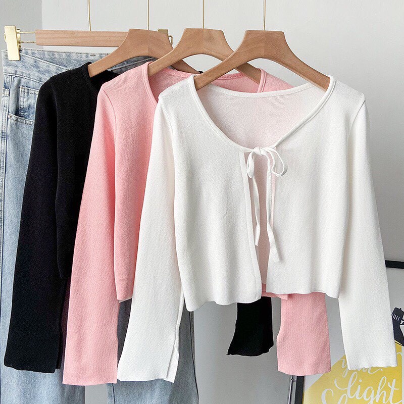 Áo Cardigan Tay Dài Cột Dây Thắt Nơ Khoác Ngoài Kèm Ảnh Thật