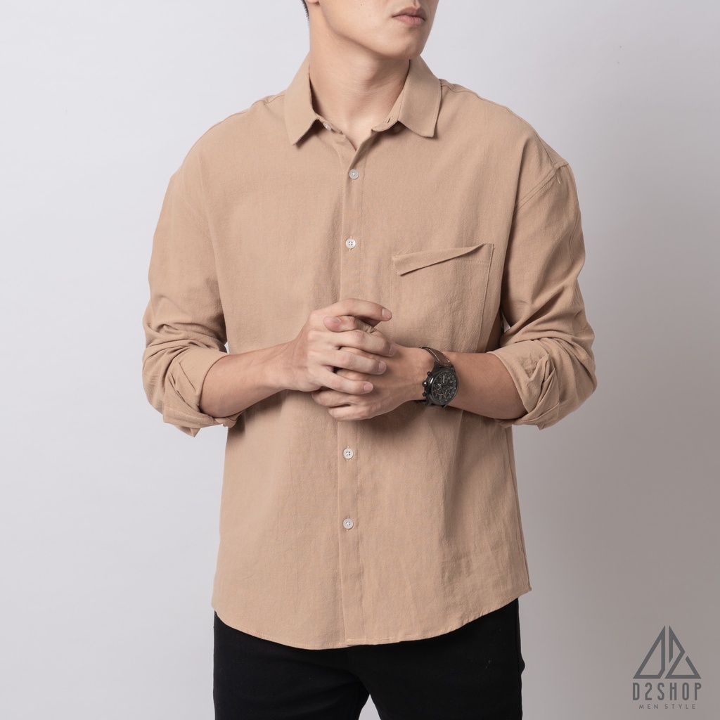 Áo sơ mi D2shop, áo sơ mi nam dài tay vải linen túi xếp, màu be