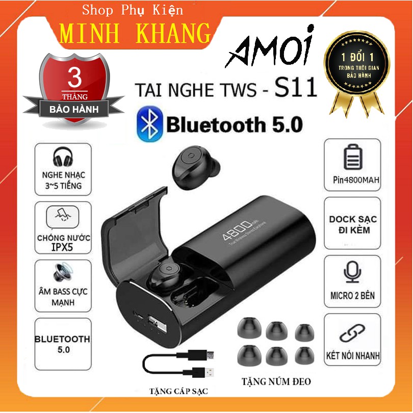 [Free Ship] Tai Nghe Bluetooth S11 - Kiêm Sạc Dự Phòng - Pin 500 giờ - Bass Cực Mạnh - Chông Ồn CV - Chống Nước IPX5