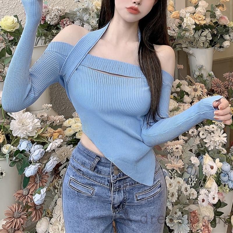 Đầm Dệt Kim Tay Dài Trễ Vai Màu Sắc Đơn Giản Cho Nữ