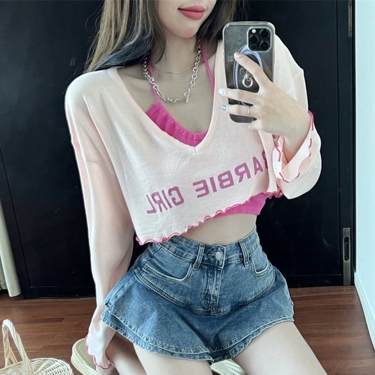 Set Bộ Áo Croptop Chạy Viền In Chữ Barbie Áo Yếm Nữ Dài Tay Kèm Áo Trong 2 Màu Freesize Sexy