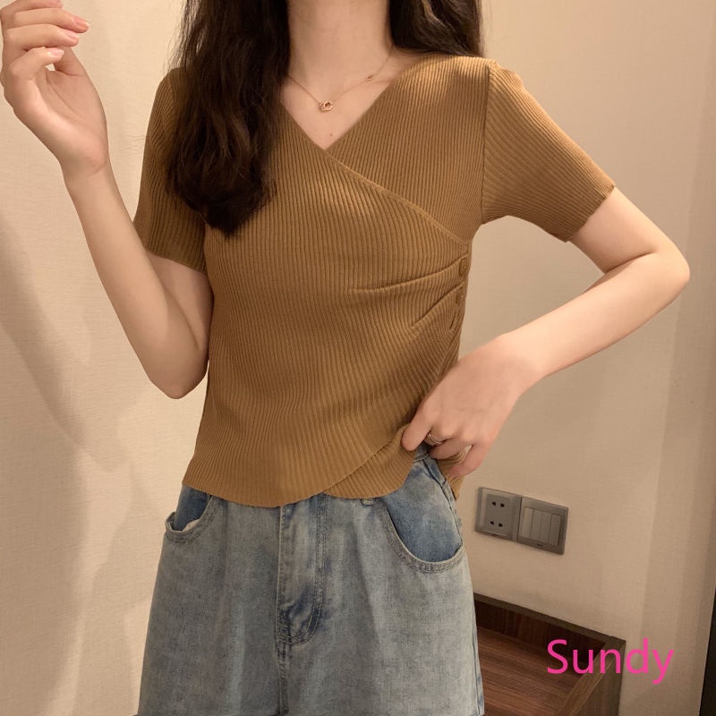 Áo Dệt Kim Ngắn Tay Vạt Chéo Thời Trang Mùa Hè Cho Nữ