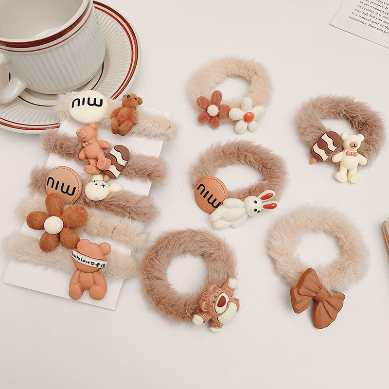 Set 5 Chun Buộc Tóc Dành Cho Nữ Lông Nhung, Đính Icon Siêu Xinh , Siêu Cute