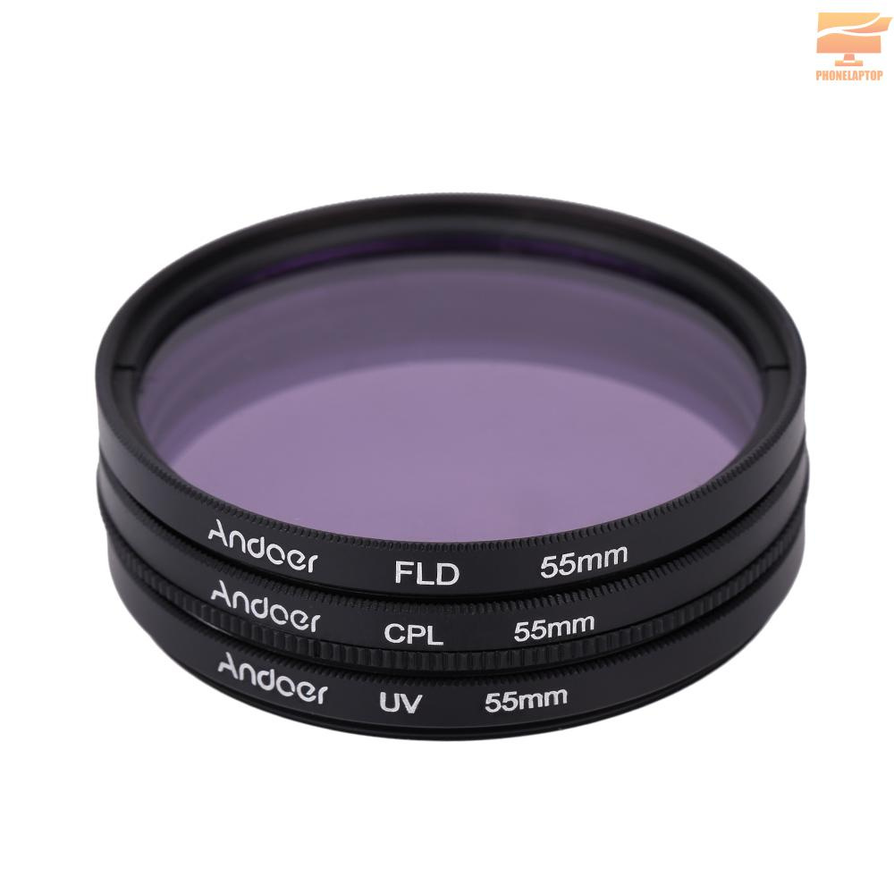 ANDOER Bộ Lọc Ống Kính Máy Ảnh 55mm Uv + Cpl + Fld Huỳnh Quang Kèm Túi Đựng Cho Nikon Canon Pentax Sony Dslr