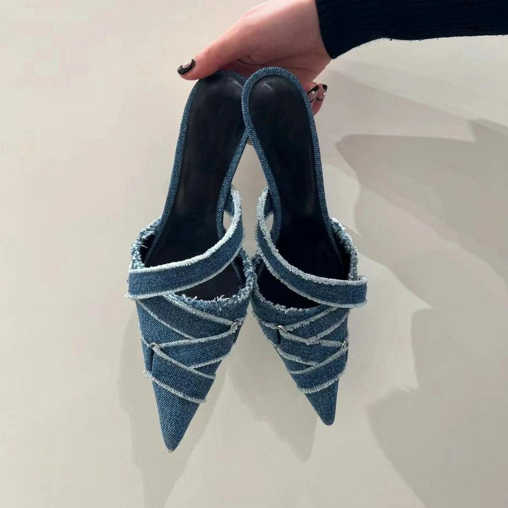 Giày Cao Gót Mũi Nhọn Gót Thấp Quai Chéo Màu Denim Thời Trang Cao Cấp